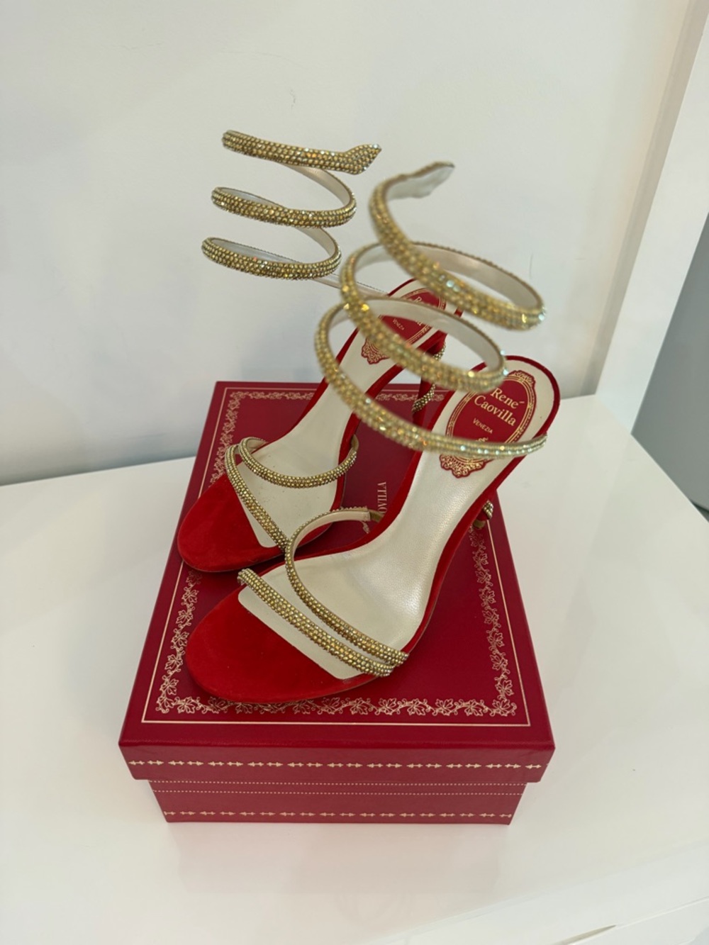 Rene Caovilla Red Suede Heels with Gold Crystal Spiral Straps